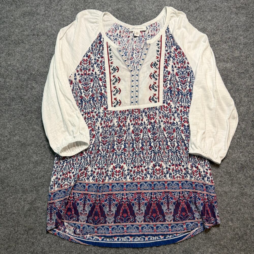 Vintage America Blues Boho‎ Floral Embroidered Peasant Top Size Large
